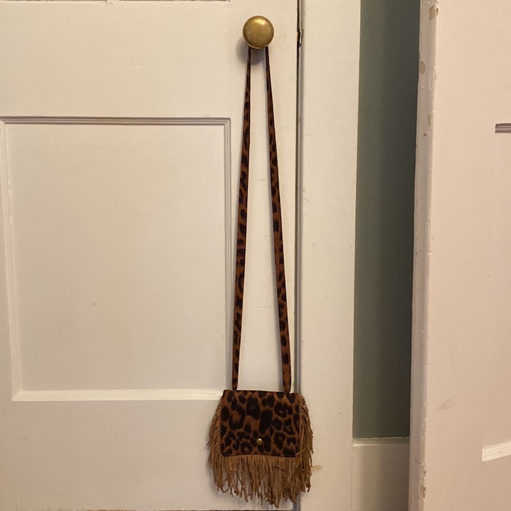 Long Strap Brown & Black Fringe Leopard Print Mini Purse - Picture 2 of 9